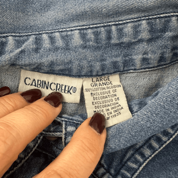 Vintage 90s Cabin Creek Denim Shirt Size L Bird House Embroidery Cottage Boho - Picture 3 of 12